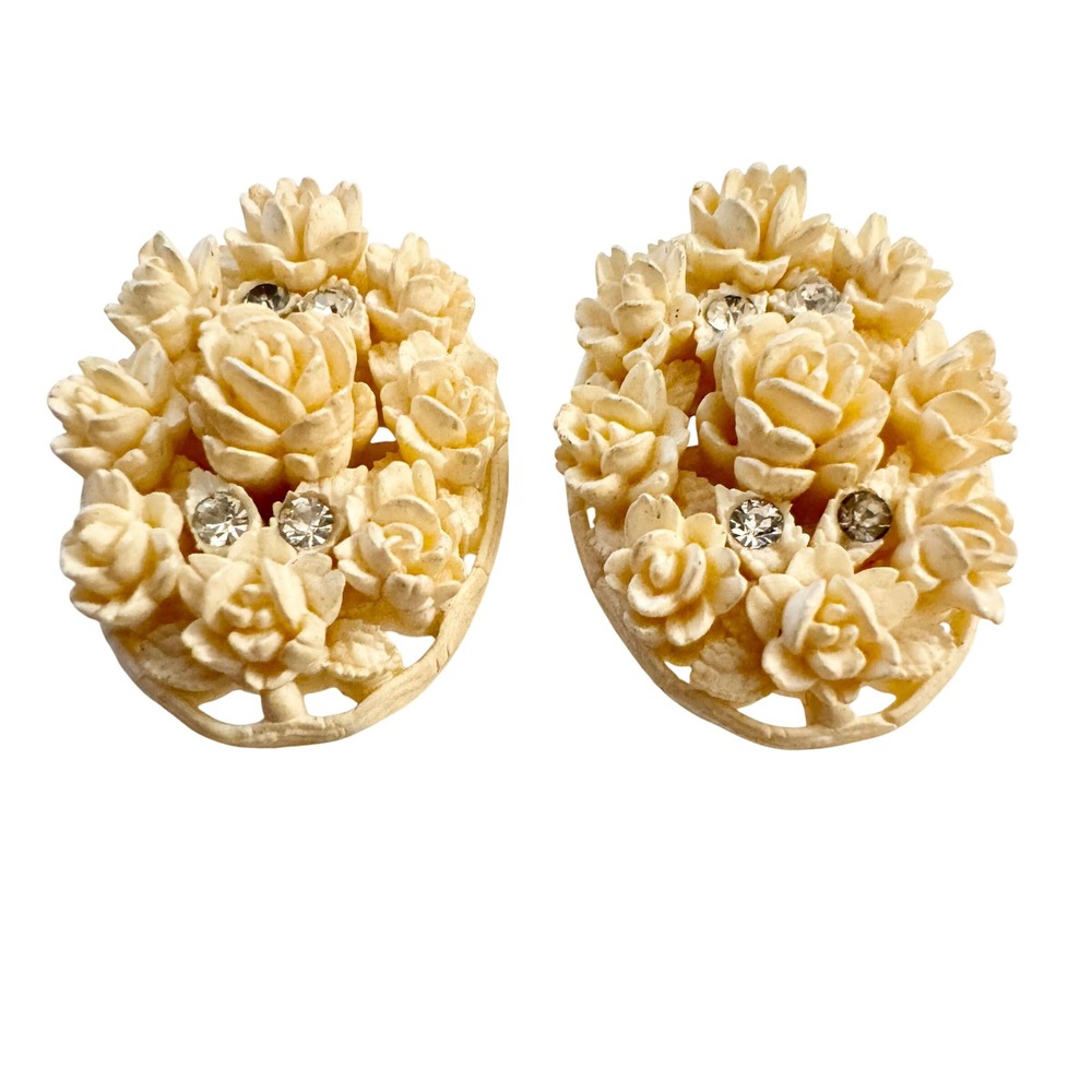 Vintage‎ Cream Celluloid Carved Roses Statement Earrings Oval Cottage Feminine - Picture 9 of 14
